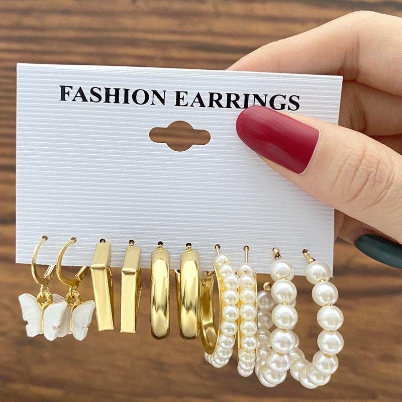 17KM Bohemian Gold Color Pearl Earrings Set For Women Girls 27 Styles Butterfly Acrylic Resin Hoop Earring Brincos Party Jewelry