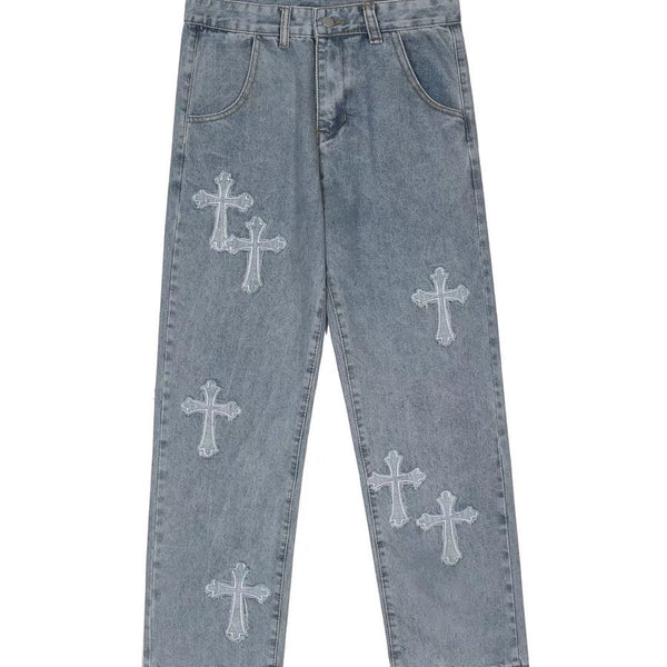 Y2K Men&#39;s jeans European and American high street cross embroidery hip-hop tide brand straight loose wide-leg pants ins hot sale