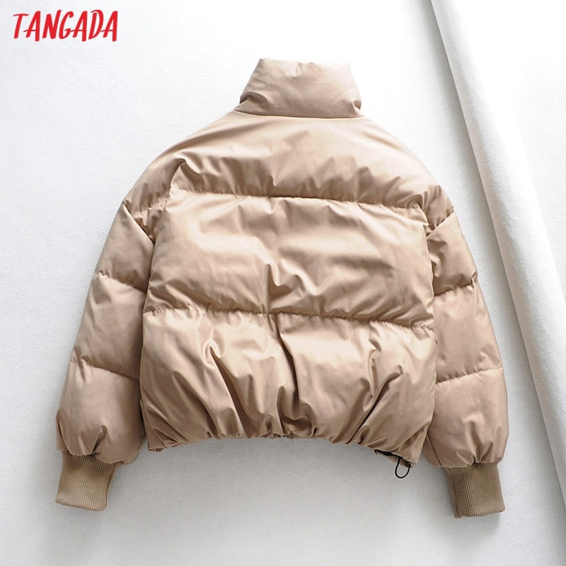 Tangada Women Solid Khaki Oversize Parkas Thick 2021 Winter Zipper Pockets Female Warm Elegant Coat Jacket 6A120