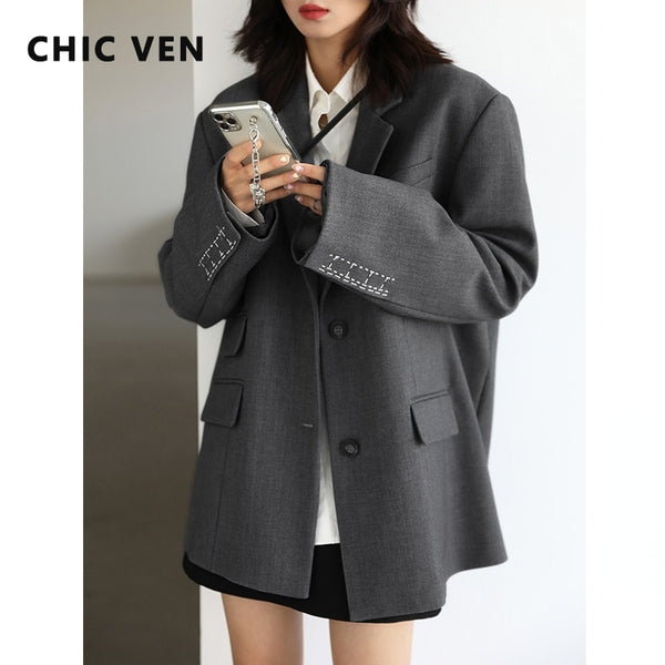 CHICVEN  Women Office Lady Blazer Cuff Embroidery Wide Shoulder Twill Suit Women&#39;s Autumn Ladies Outerwear  Stylish Tops