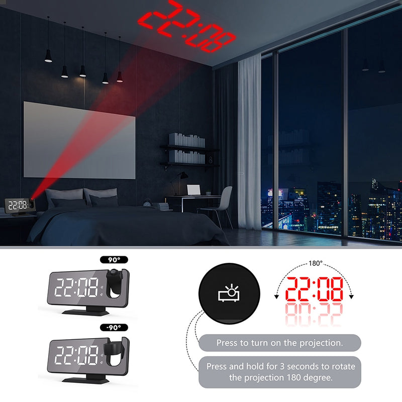 180° Time Projection LED Digital Smart Alarm Clock Watch Table Electronic Desktop Clocks USB Wake Up Bedroom Bedside Clock