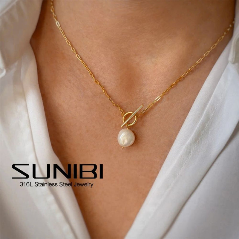 SUNIBI Trendy Freshwater Pearl Necklace for Women Wedding Stainless Steel Pendant Necklaces Gold Color Chain Jewley Wholesale