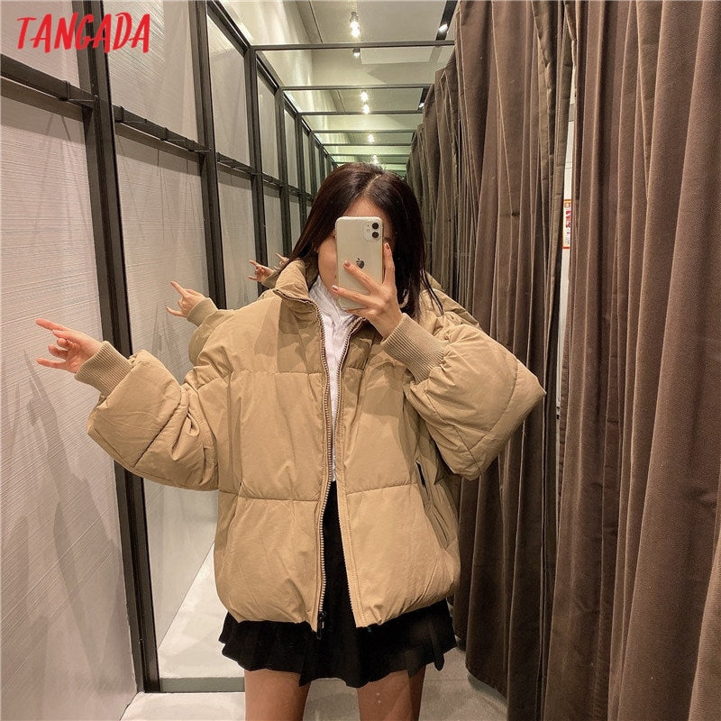 Tangada Women Solid Khaki Oversize Parkas Thick 2021 Winter Zipper Pockets Female Warm Elegant Coat Jacket 6A120