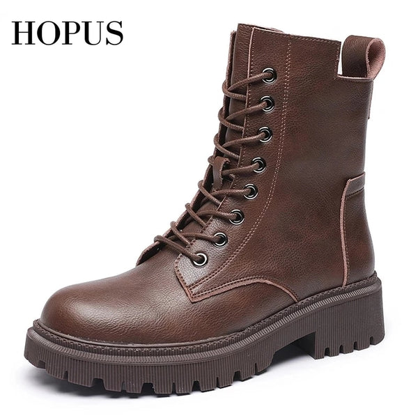 HOPUS Women&#39;s Boots High Quality Retro British Style Leather Shoes For Women 2022 New Short Boots Square Heel Platform Shoes