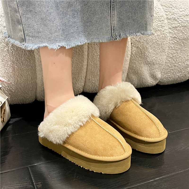 Winter Brand Plush Cotton Slippers Women Flats Shoes 2022 New Fashion Platform Casual Home Suede Fur Warm Slingback Flip Flops