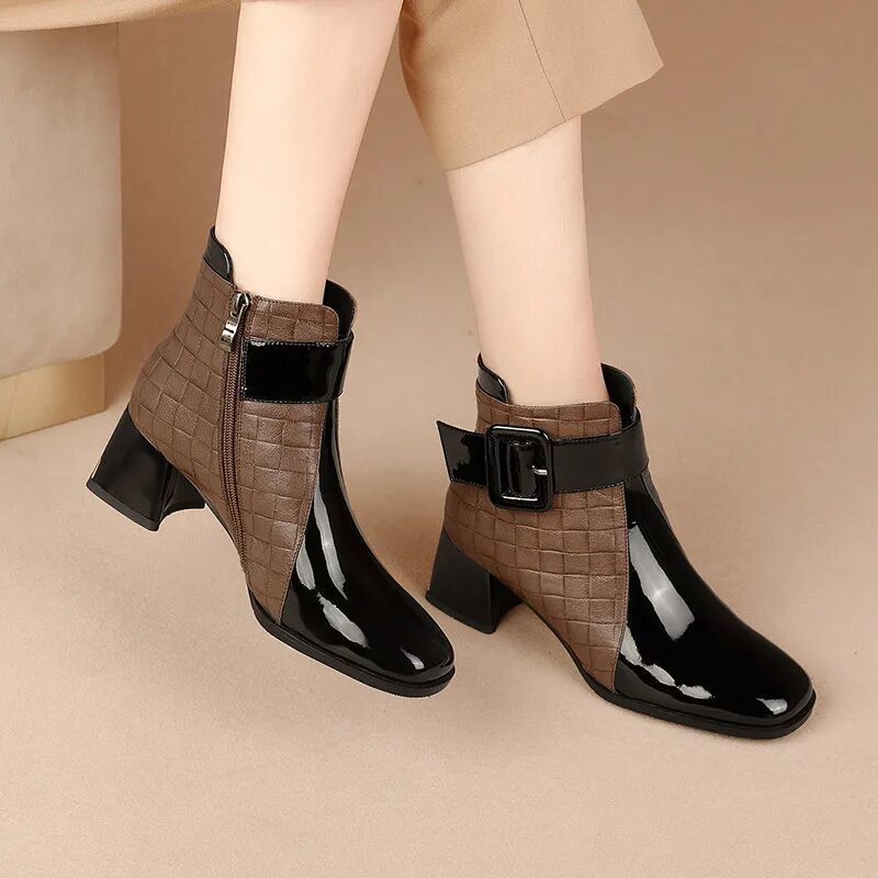 2022 Autumn Women Ankle Boots Pu Leather Thick High Heel Short Boots Winter Zip Square Toe Shoes Lady Women Shoes