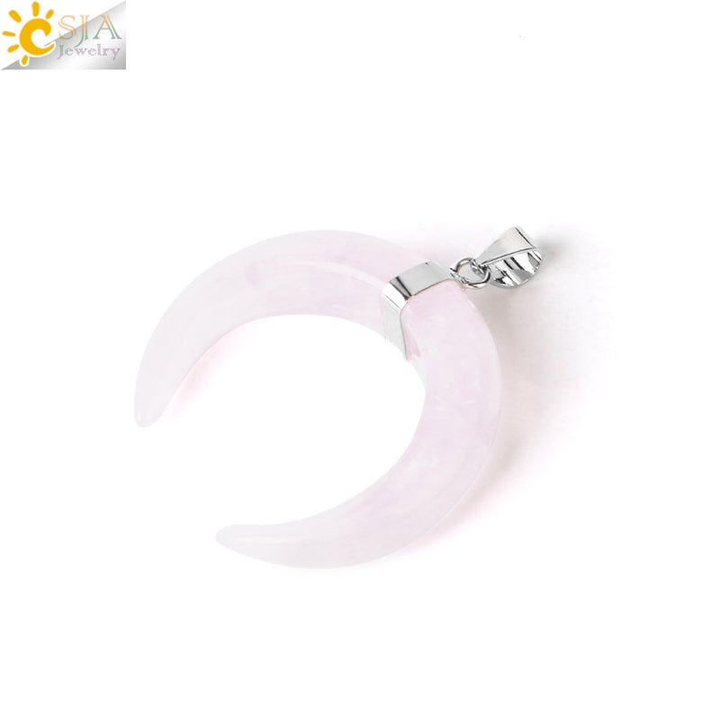 CSJA Natural Stones Crescent Moon Necklaces Pendants Purple Crystal Pink Quartz White Stone Gold Color Reiki Women F306