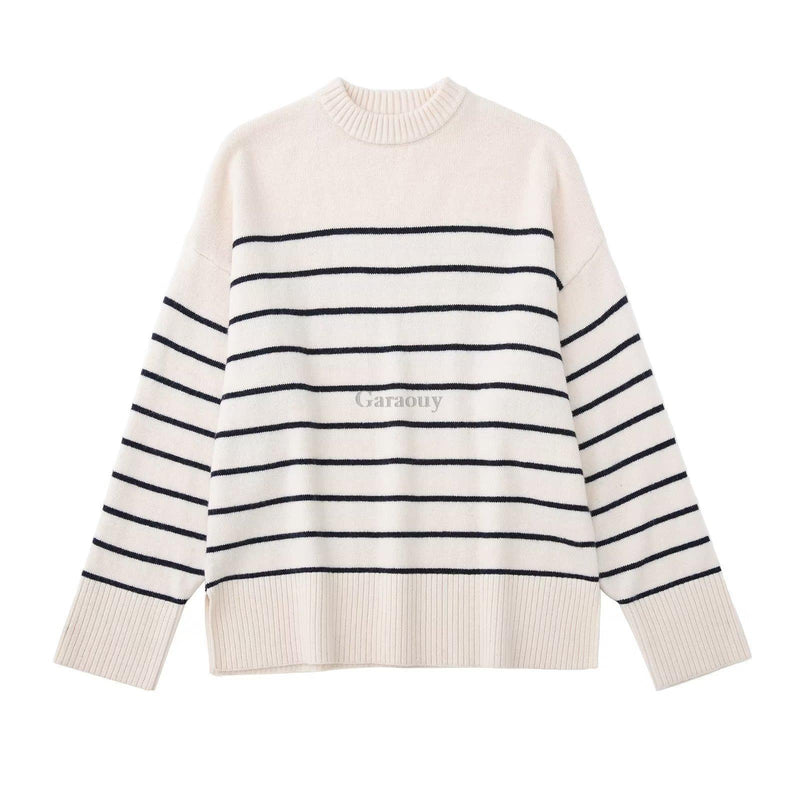 Garaouy 2022 Autumn Women's Slit Loose O Neck Long Sleeve Striped Sweater Lazy Soft Knit Jumper Female All-match Pullover Mujer