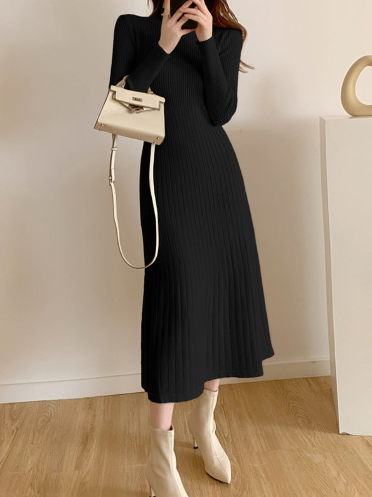 Autumn Winter 2022 Slim Long Sleeve Party Midi Dress for Women Knitted Half High Collar Elegant Knitted Sweater Dresses Ladies