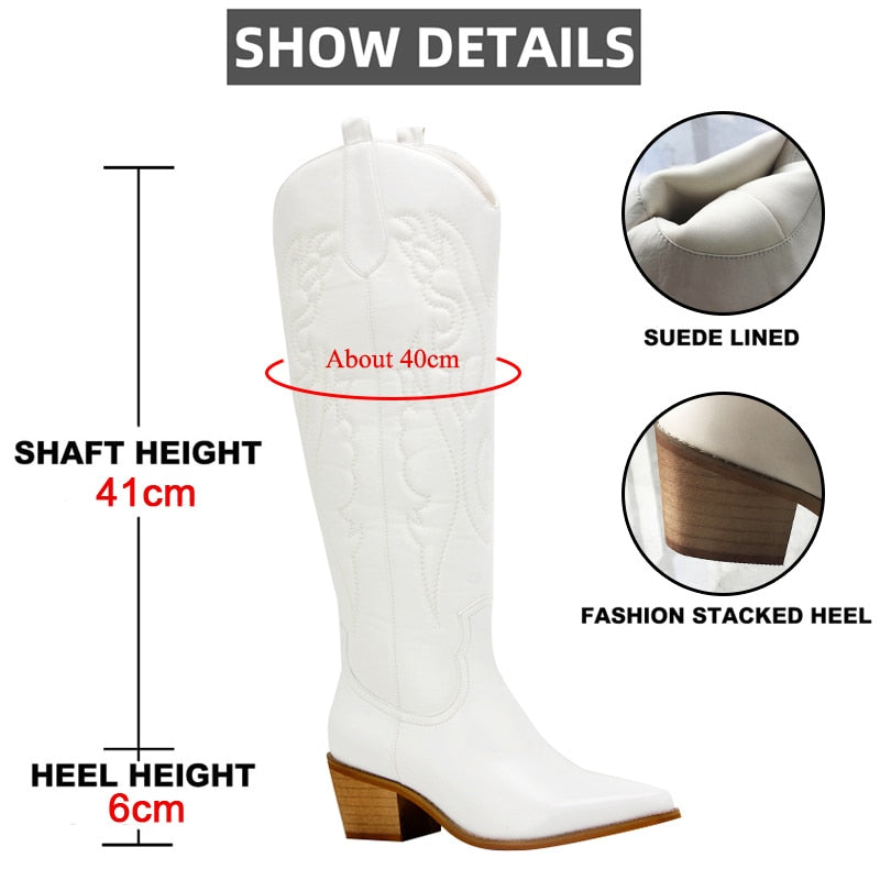 GOGD Retro Autumn Winter White Knee High Boots Big Size 41 Women Comfy Walking Female Western Cowboy Boot For Dropshipping Shoes