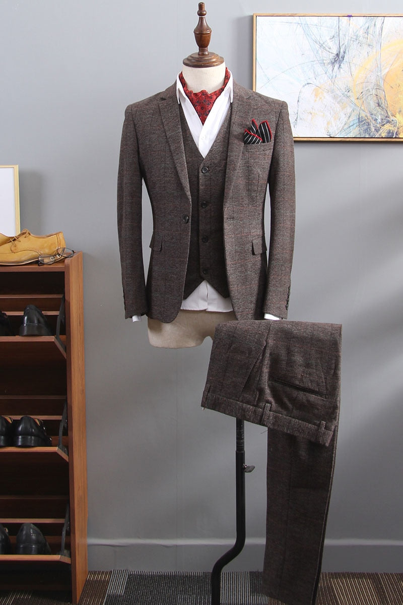 British Style Suit Men 3 Piece Suit Plaid Blazer Trend Groom Wedding Suits Tuxedo Business Formal Dress Suit Men&