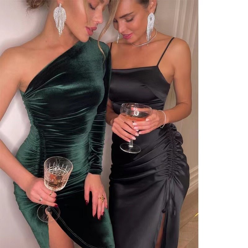 2022 New Solid Long Sleeve One Shoulder Ruched Slit Velvet Midi Dress Sexy Party Club Elegant Bodycon Dresses Femme Robe Longue
