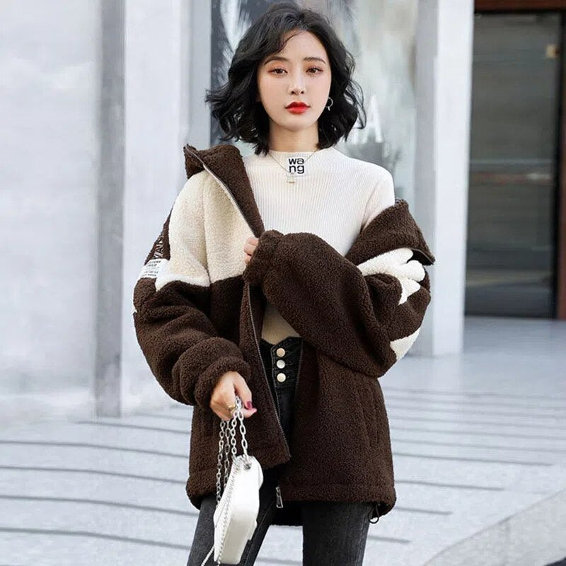 2022 New Jacket Women Autumn Winter Patchwork Letter Embroidery Fashion Outerwea Loose Casual Thicken Warm Female Hooded Coats