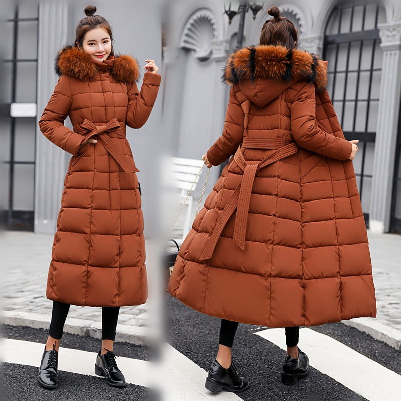 2022 new winter jacket women&#39;s warm fashion bow belt fox fur collar coat long dress women&#39;s thick coat