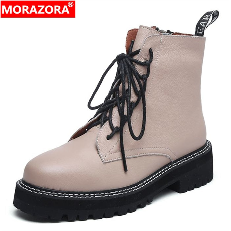 MORAZORA 2022 Genuine leather boots women shoes thick sole lace up autumn winter short ankle boots for women motorcycle boots