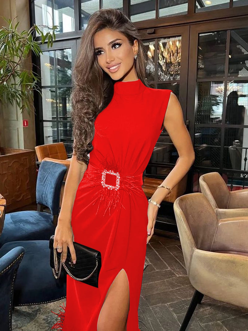 Fashion Black Feather Split Midi Dress 2022 New Summer Women's Sexy Sleeveless Belted Celebrity Club Party Dress Vestidos