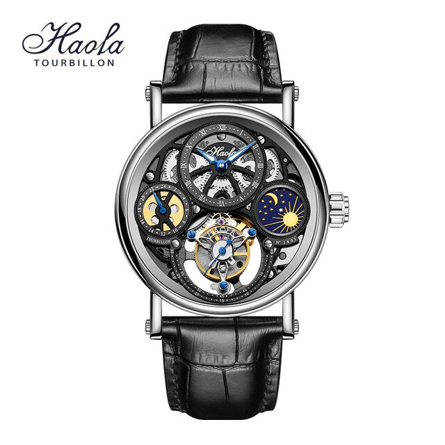 Haofa Skeleton GMT Tourbillon Movement Mens Watch Sapphire Mechancial Tourbillon Wristwatches Day And Night Moonphase Watch 1601