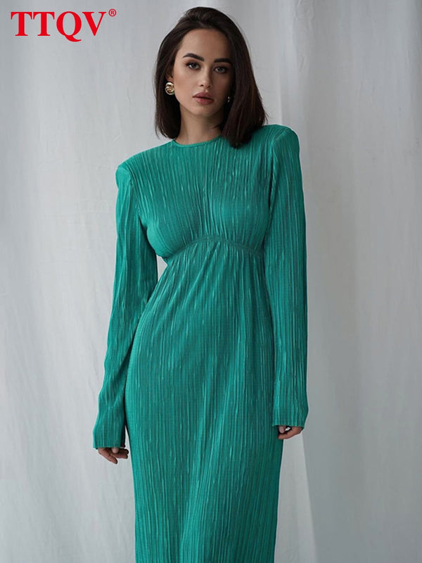 TTQV Winter O-Neck Green Women&#39;S Dress Elegant Long Sleeve Bodycon Midi Dresses Female Casual Pleated Dress For New Year 2022