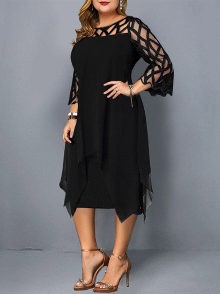 Elegant Midi Party Dress For Chubby Women Xxl O Neck Lace Sleeve Hollow Out Solid Sexy Women&