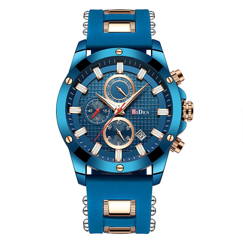 Biden Original Mens Fashion Casual Sport Japan Quartz Wristwatch Chronograph Stop Watch Calendar Luminous Hand Silicone Strap