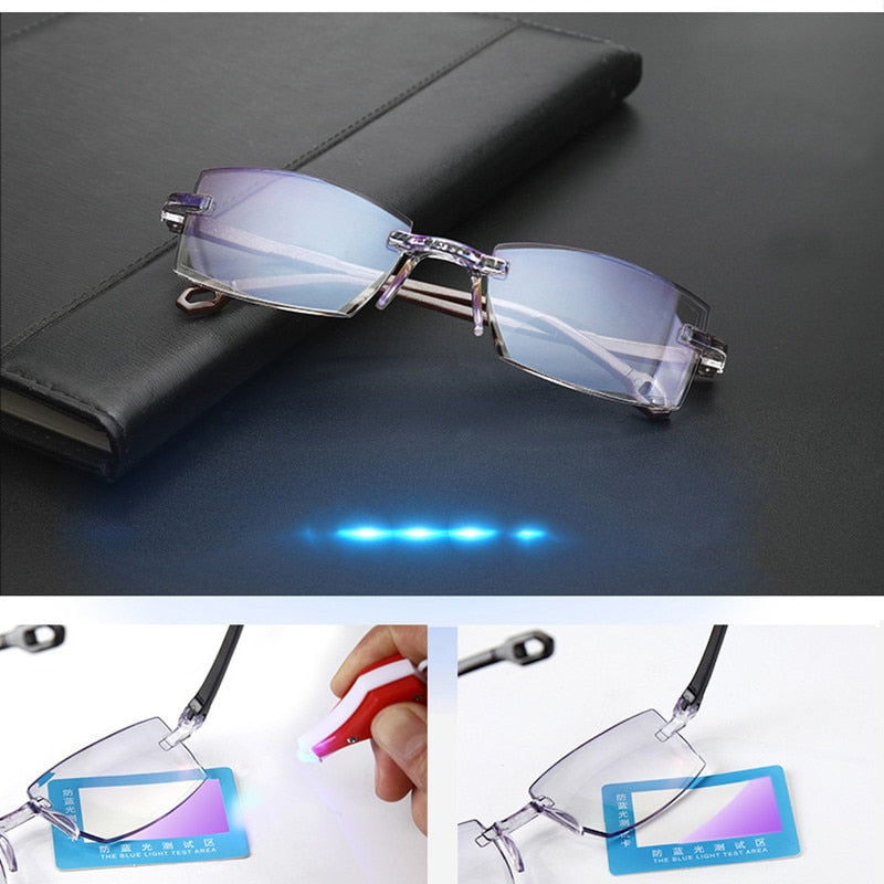 2021 Men Women Rimless Reading Glasses Anti Blue Light Bifocal Far Near Magnification Eyewear Presbyopic Glasses +150 +200