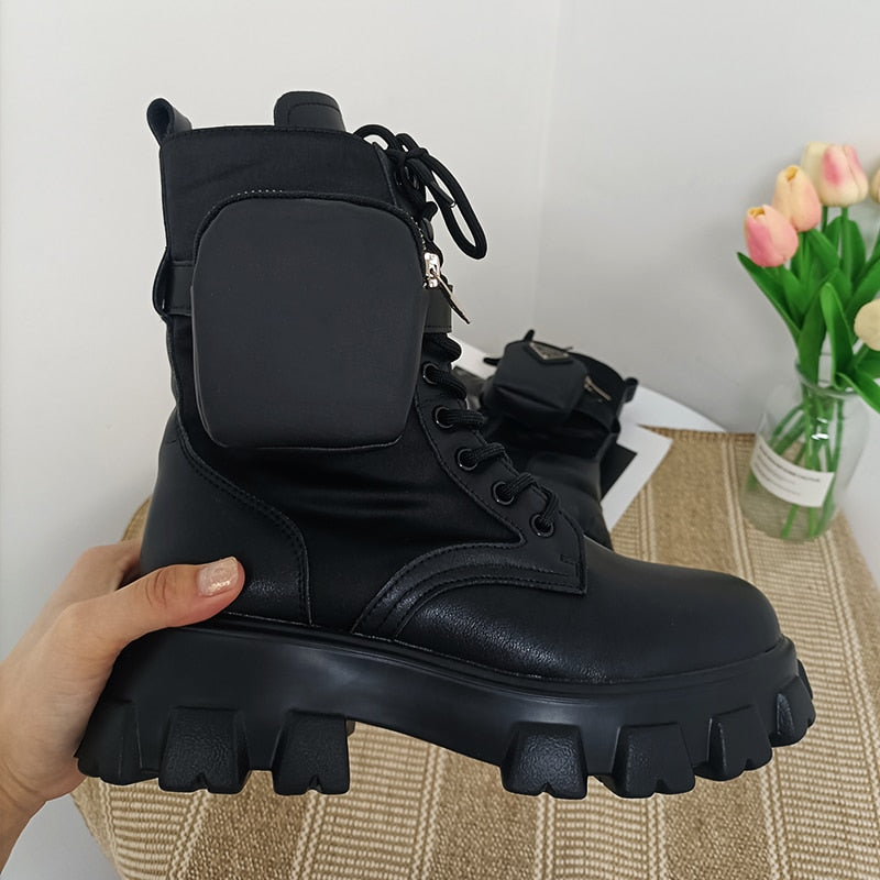 IPPEUM Women Ankle Boots Brand Designer Fashion Boots With Pocket Designer Shoes Women Black Punk Ankle Boots Moon Fashion
