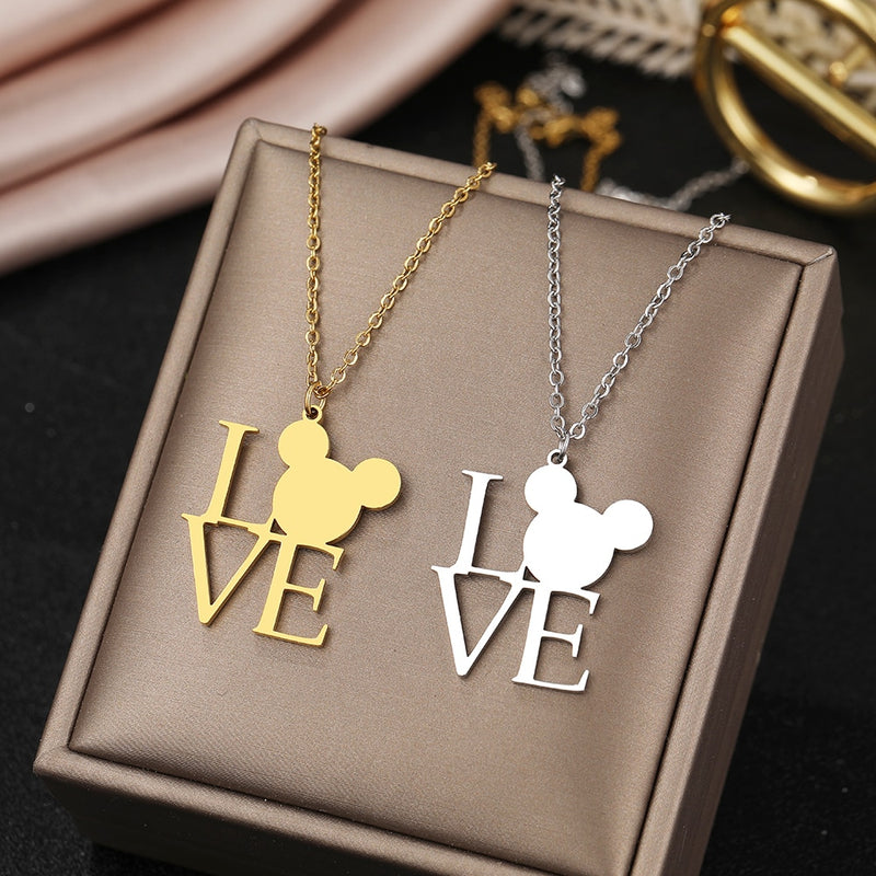 Stainless Steel Necklaces Cartoon Mouse LOVE Pendants Fashion Choker Chain Baby Child Necklace For Women Jewelry Party Kids Gift