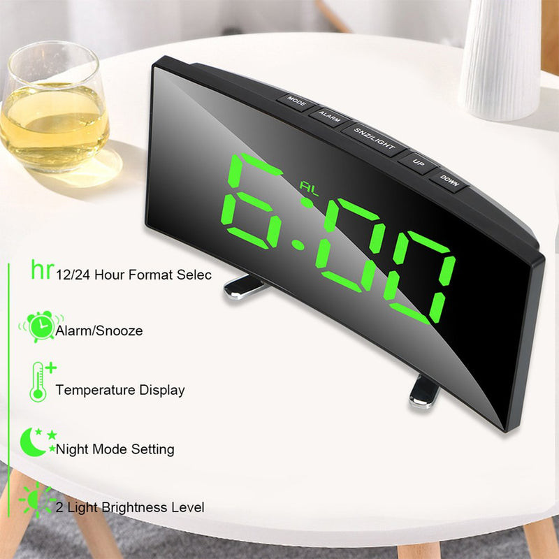 Digital Table Clock Electronic 7 Inch Number Desktop Alarm Clocks For Kids Bedroom LED Screen Curved Dimmable Mirror