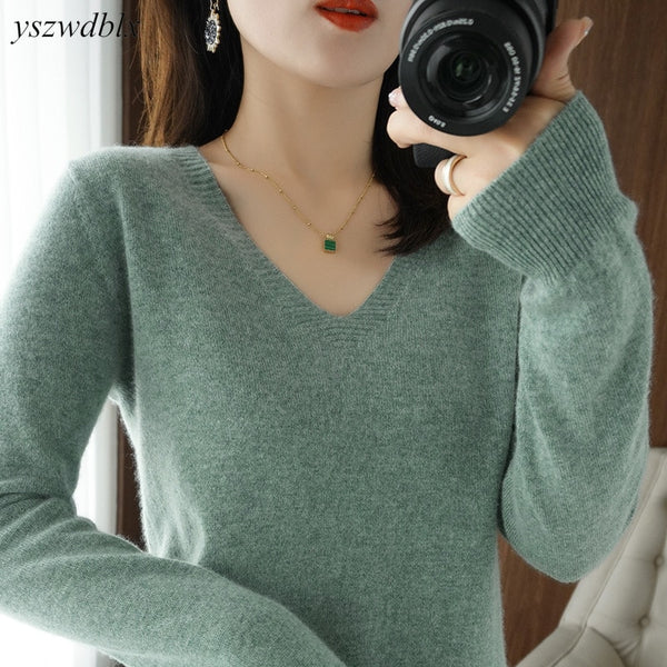YSZWDBLX Sweaters Women Casual V-neck Solid Jumpers Pullovers Spring Autumn Womens Sweater Cashmere Knitwear Bottoming Shirt