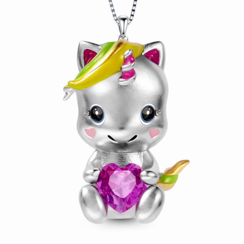 Fashion Cheshire Cat Embraces Heart Gemstone Necklace for Women Charm Bead SilverPlate Kitten Embrace Heart Crystal Jewelry Gift