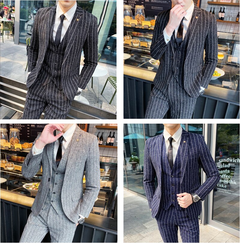 Boutique (Blazer + Vest + Trousers) Fashion Business Casual Gentleman Men's Italian Style Elegant Striped Slim Fit 3-Piece Set