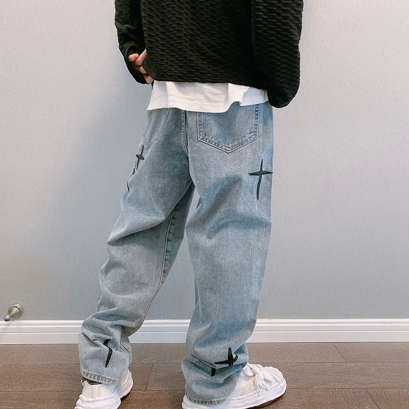 New Embroidered Jeans Men Straight Loose Wide-leg Pants Spring and Autumn Korean Fashion High Street Hip Hop Style Male Trousers