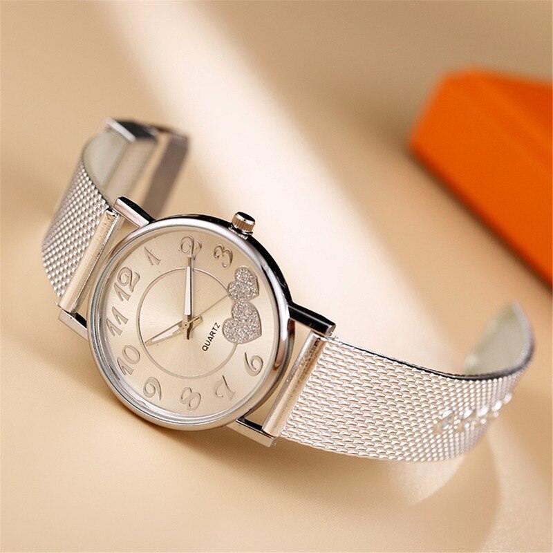 Vintage Watch Women Silver Gold Mesh Love Heart Wristwatches Fashion Casual Women&