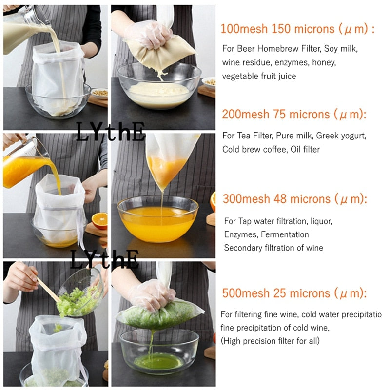 Soy Milk Wine Filter Bag Nut Milk Bag Tea Coffee Oil Yogurt Filter Net Mesh Kitchen Food Reusable Nylon Filter Bags Strainer