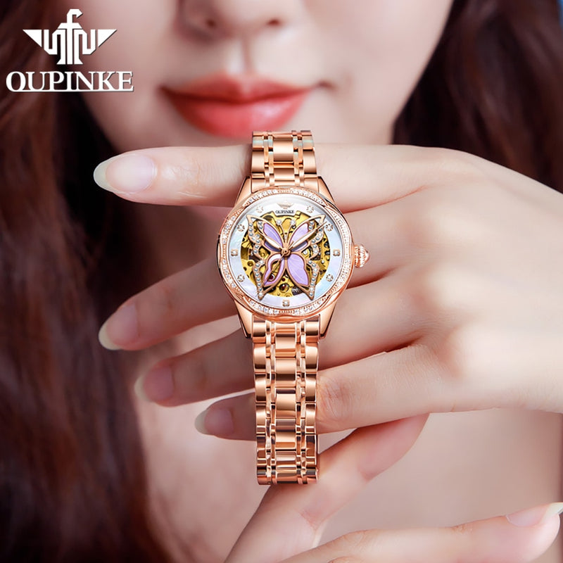OUPINKE Automatic Mechanical Watches for Women Luxury Sapphire Mirror Rose Gold Stainless Steel Watchband Ladies Wristwatch 3239