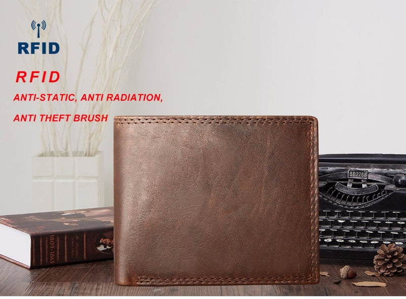 GENODERN Cow Leather Men Wallets with Coin Pocket Vintage Male Purse RFID Blocking Genuine Leather Men Wallet with Card Holders