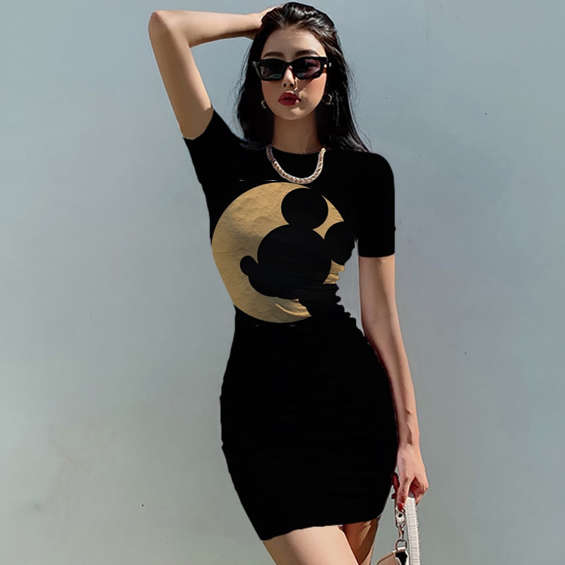 Disney Mickey Mouse Woman Dresses Elegant Dress Office Tight Slim Lady O Neck Summer Casual Cartoon 3D print Mini Dress Vestidos