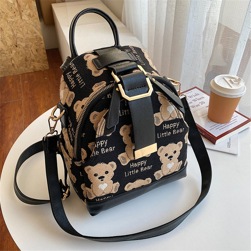 Luxury Brand Women Small Backpack Cotton and Pu Leather Backpacks for Teenager Girls Fashion Multifunction Lady Travel Back Bag