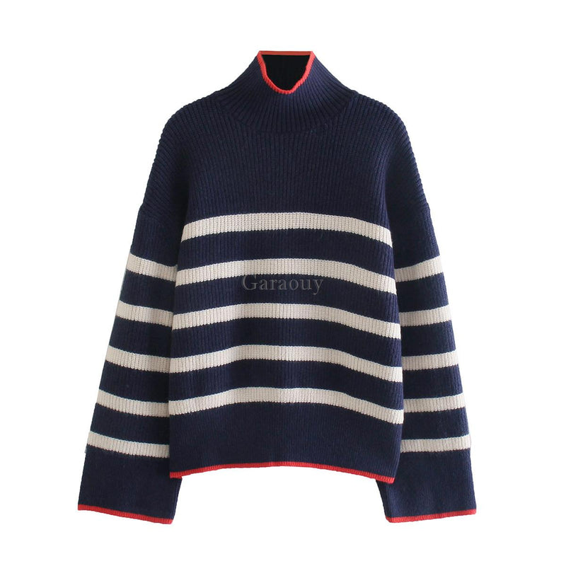 Garaouy 2022 Autumn Women's Slit Loose O Neck Long Sleeve Striped Sweater Lazy Soft Knit Jumper Female All-match Pullover Mujer