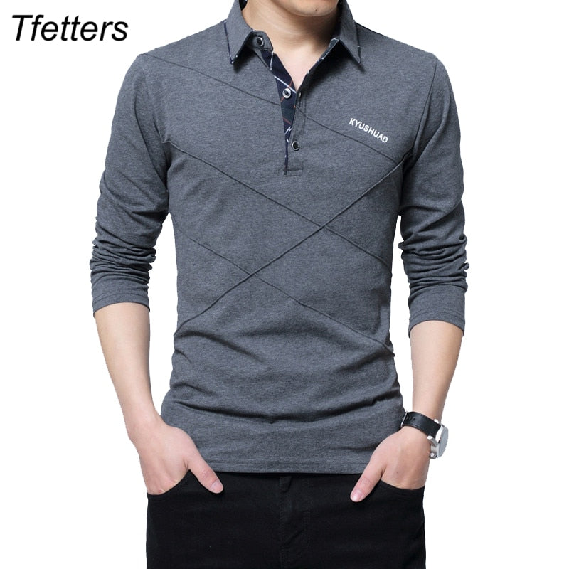 TFETTERS Brand T Shirt Men Long T-shirt Turn-down Stripe Designer T-shirt Slim Fit Loose Casual Cotton T Shirt Male Plus Size