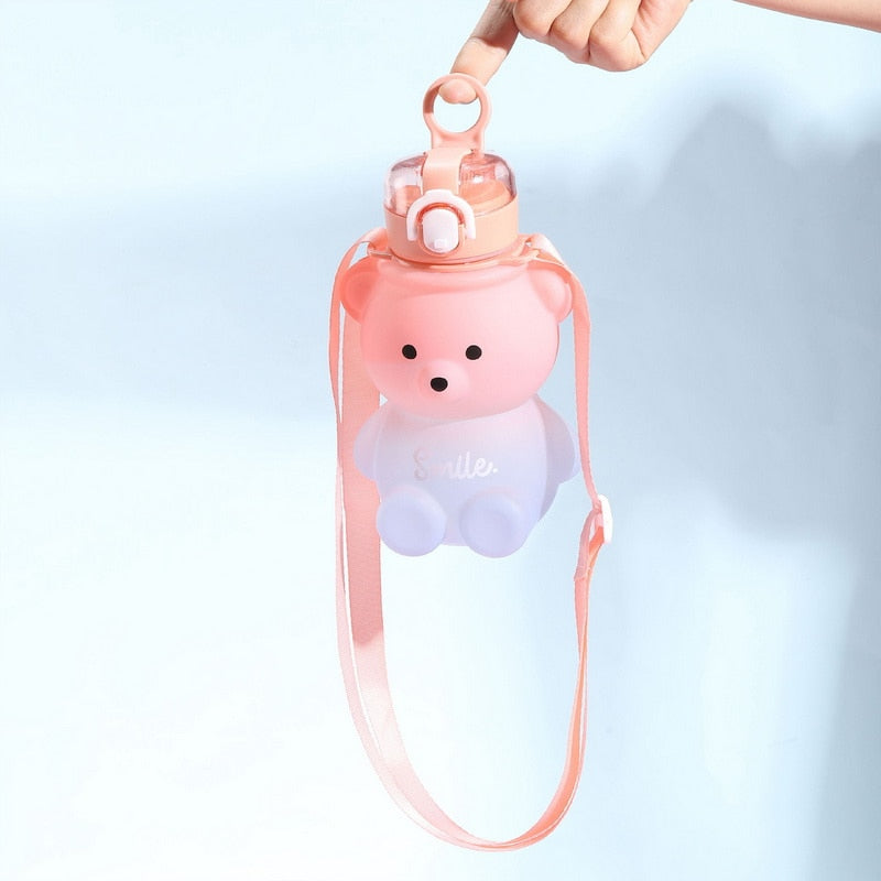 Cute Kawaii Water Bottle for Girl Bear Plastic Pink Korean Plastic Large Sports School Drinking Bottle With Strap Straw