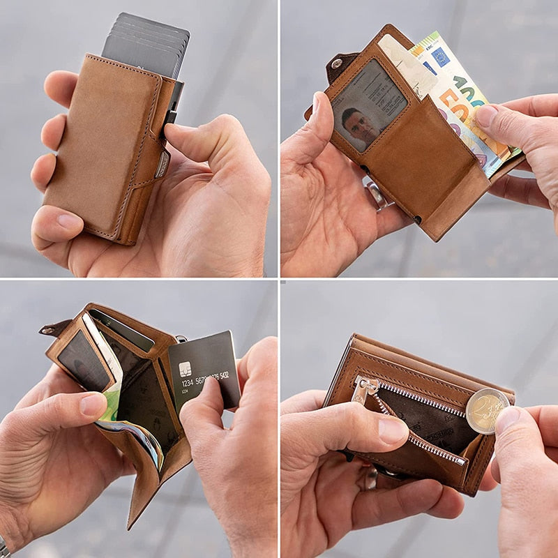 Pop-Up Credit Card Case with RFID Protection Genuine Leather  Wallet with Compartment for Notes and Coins for Men and Women