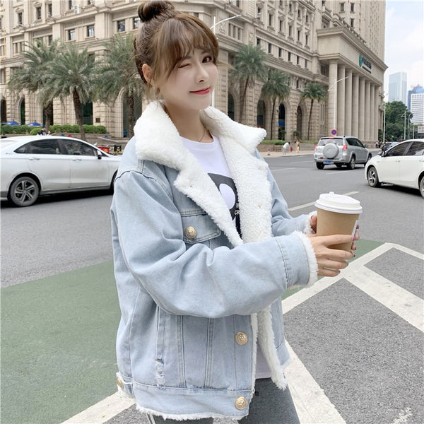 New Winter Jacket Women Autumn Thick Lambswool Lining Warm Denim Jackets Korean Style Plus Velvet Lapel Casual Jean Outerwea