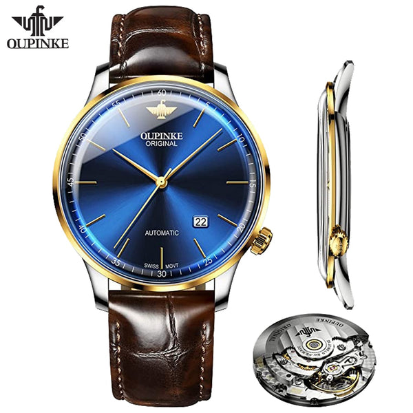 OUPINKE Original Mechanical Watches for Men Luxury Real Diamond Sapphire Crystal Roman Numerals Business Dress Style Wrist Watch