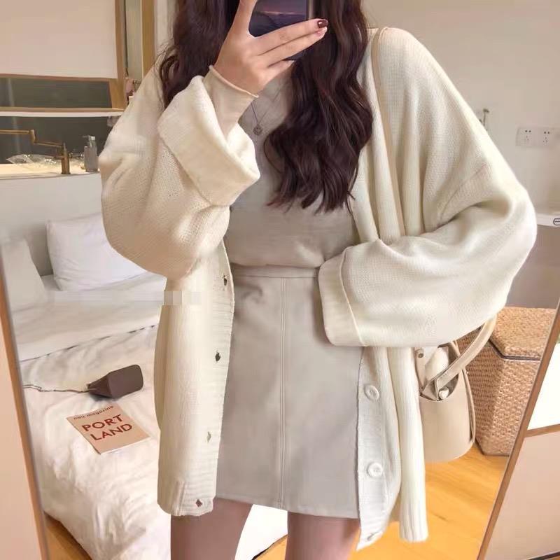 2022 Autumn Loose Cardigans Casual Vintage Women Knitted Sweaters Fashion Korean Long Sleeve Knitwear Female Solid V-neck Casual