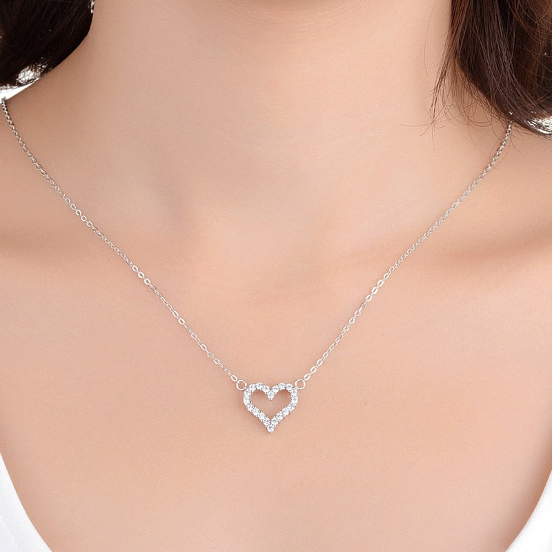 Hot Sale Fashion 925 Sterling Silver Heart Zircon Pendants Necklaces Women Jewelry Birthday Gift Rhinestone Charm Clavicle Chain