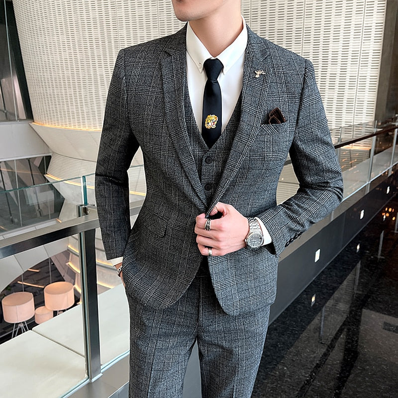 Suit Jacket Pants Vest 3 Pcs Set / Fashion New Men&