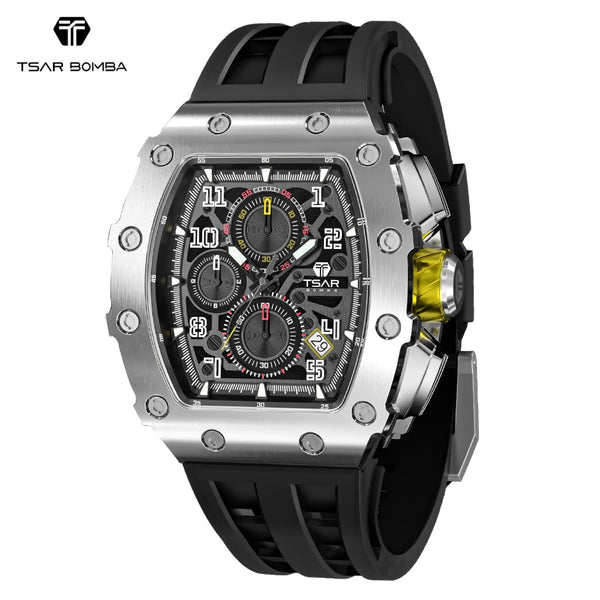 TSAR BOMBA Watch Men Luxury Brand Tonneau Design Waterproof Clock Stainless Steel Wristwatch Sport Chronograph Square Mens Watch