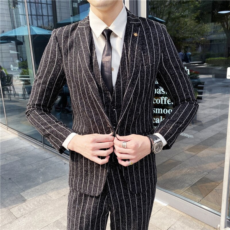 Boutique (Blazer + Vest + Trousers) Fashion Business Casual Gentleman Men's Italian Style Elegant Striped Slim Fit 3-Piece Set