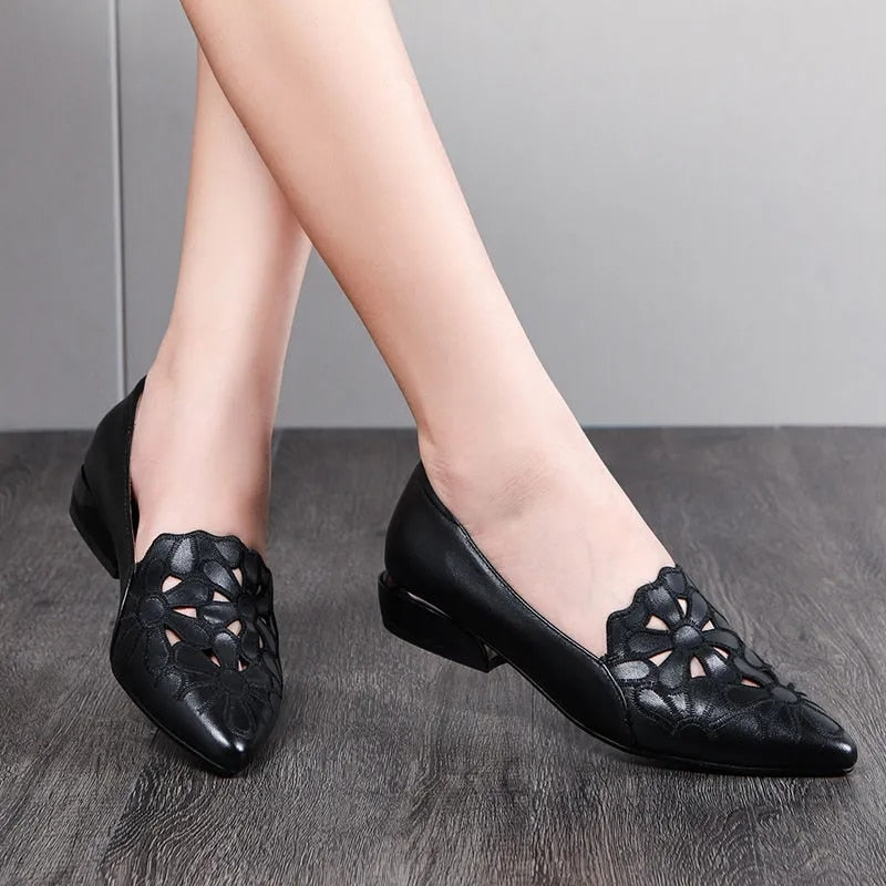 Pofulove Mid Heel Shoes Women Heels Wedding PU Leather Hollow Out Black Square Heel Formal Shoes Office Lady Spring Fall Zapatos